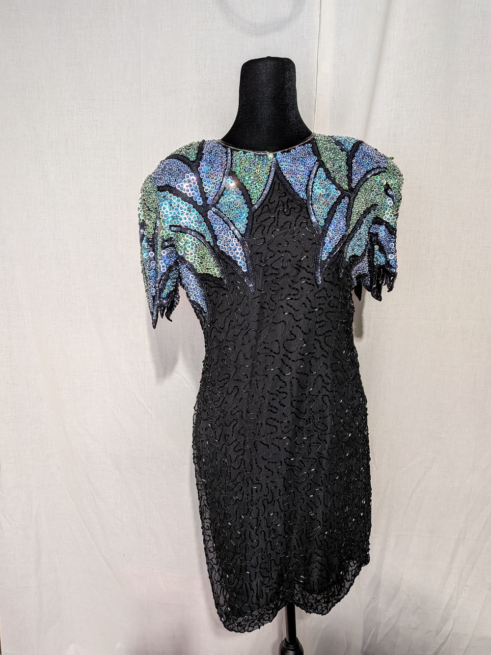 Scala Black Vintage Cocktail Dress with Iridescent Blue-Green Sequin Shoulders